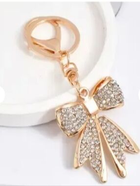 Rhinestone Bow Charm Keychain Clear